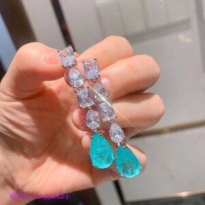 925 Sterling Silver Paraiba Tourmaline Emerald Lab Diamonds Drop Earrings